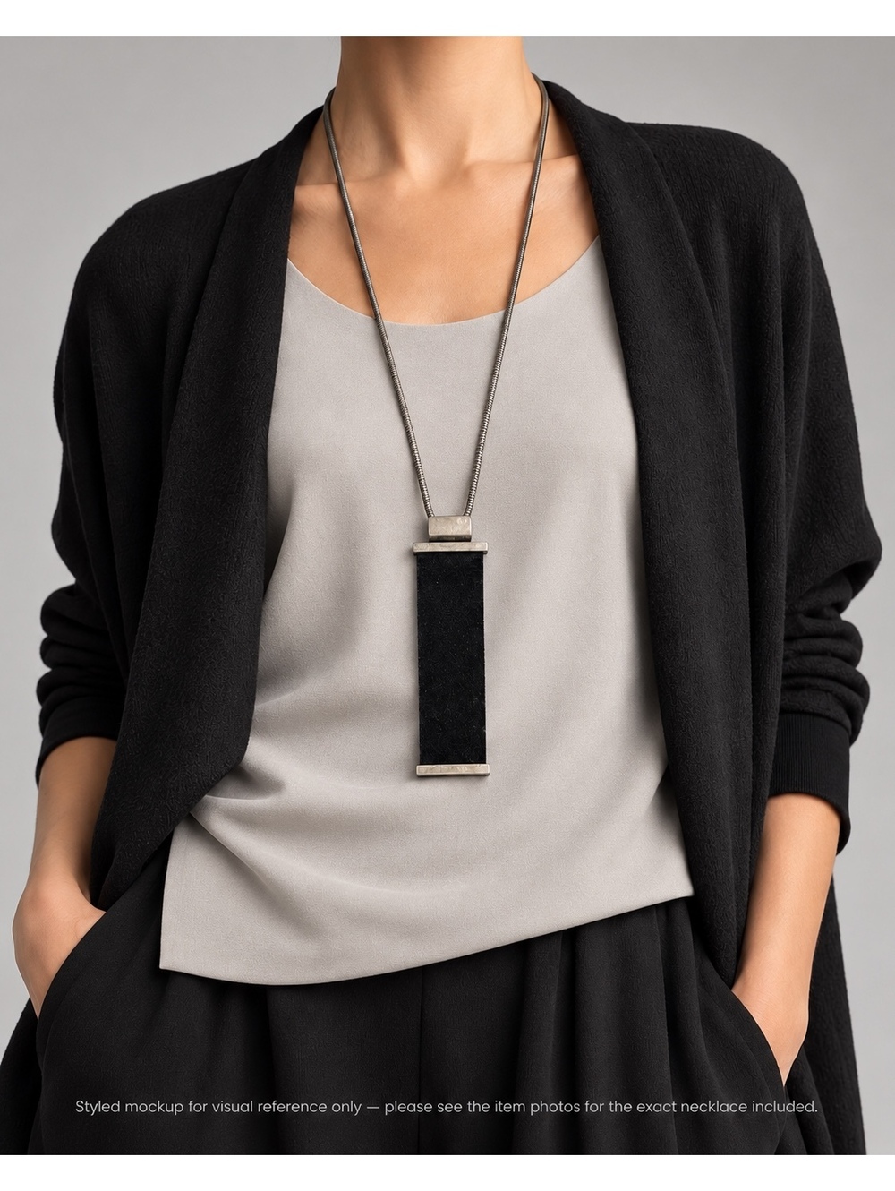 Sarah Pacini Black Suede Silver Tone Long Pendant Necklace Avant Garde